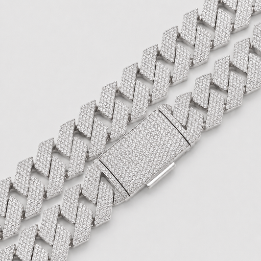15MM 4 ROW PRONG SET CUBAN CHAIN – WHITE GOLD