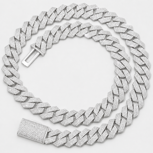 15MM 4 ROW PRONG SET CUBAN CHAIN – WHITE GOLD