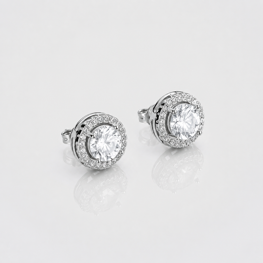 VVS ROUND HALO CUT STUD EARRINGS (WHITE GOLD)