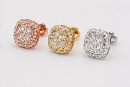 VVS1 SQUARE CUT HALO STUD EARRING - ROSE, WHITE, YELLOW GOLD