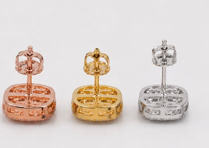 VVS1 SQUARE CUT HALO STUD EARRING - ROSE, WHITE, YELLOW GOLD