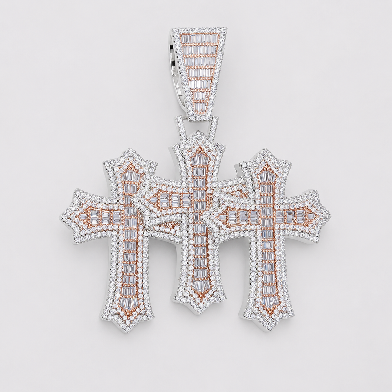 TWO TONE BAGUETTE/PAVÉ SETTING TRIPLE CROSS PENDANT (ROSE + WHITE GOLD)