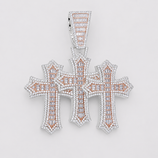 TWO TONE BAGUETTE/PAVÉ SETTING TRIPLE CROSS PENDANT (ROSE + WHITE GOLD)