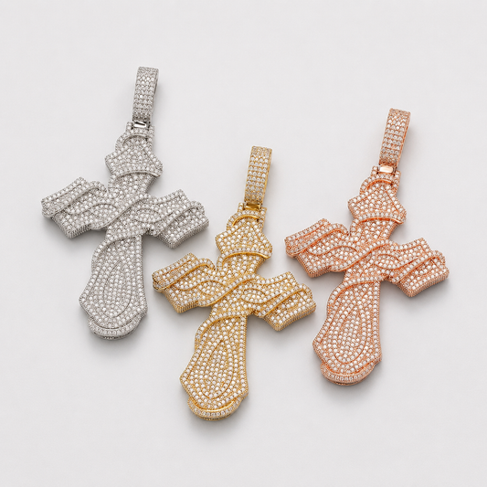 PAVE SETTING INFINITY WRAP CROSS PENDANT – ROSE, WHITE, YELLOW GOLD