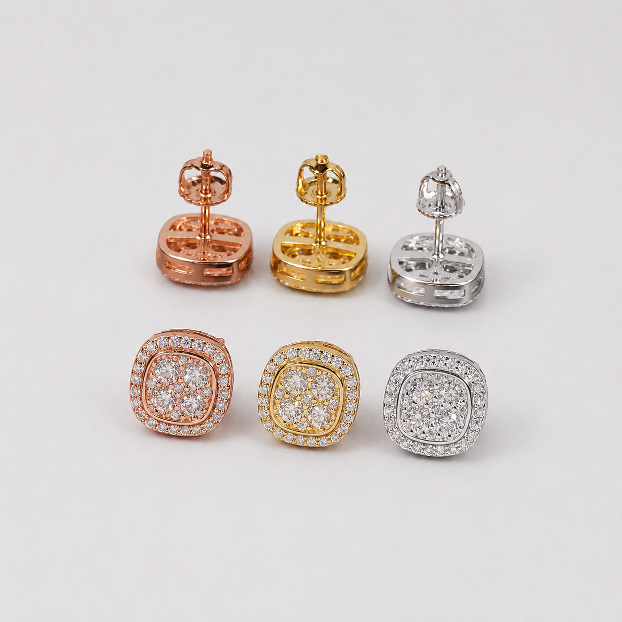VVS1 SQUARE CUT HALO STUD EARRING - ROSE, WHITE, YELLOW GOLD